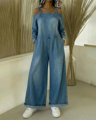 Off-Shoulder Strap Denim Jumpsuit