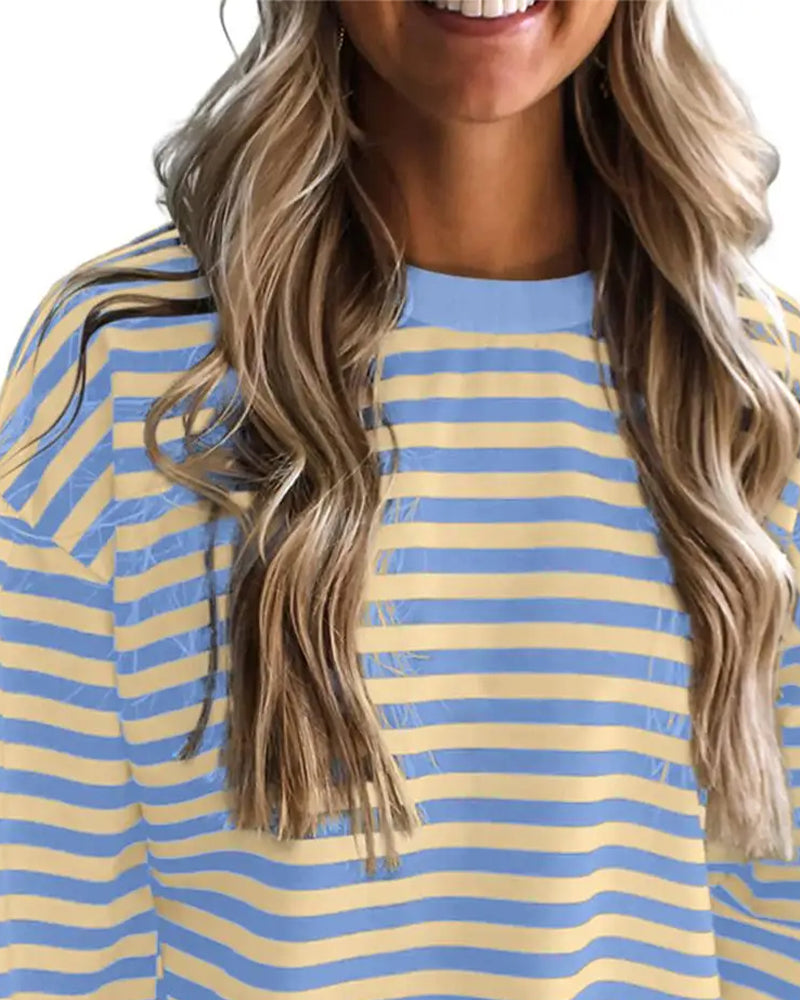 Crew Neck Drop Shoulder Stripe Cutout Blouse
