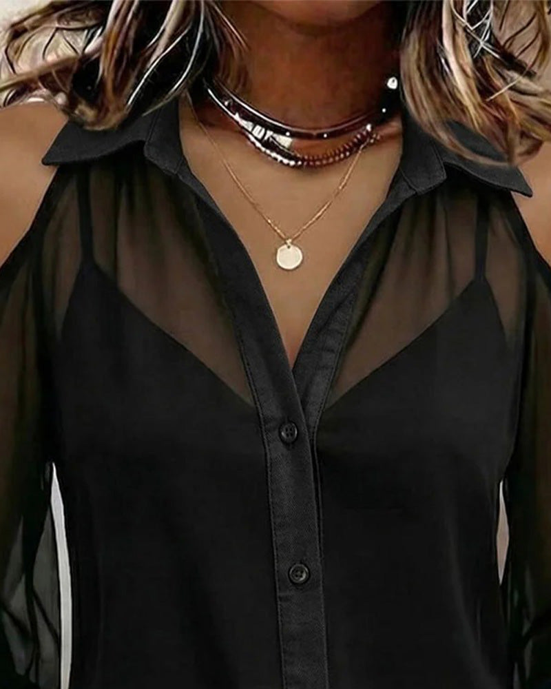 Lapel Off Shoulder Sheer Shirt Camisole Two Piece Set