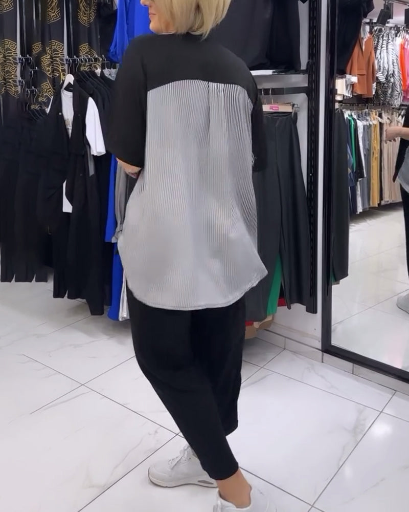 Pinstripe patchwork casual blouse