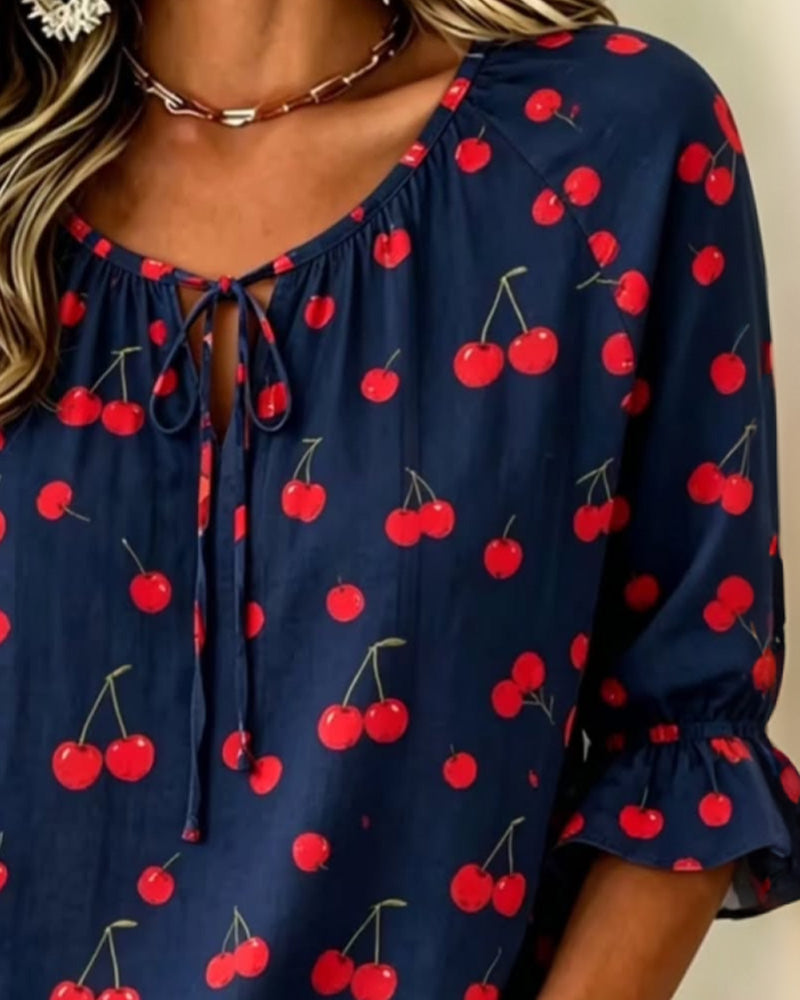 Cherry Print Tie 3/4 Sleeve Blouse