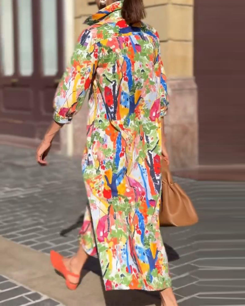 Lapel Fashion Half-Length Sleeve Printed Swing Dress