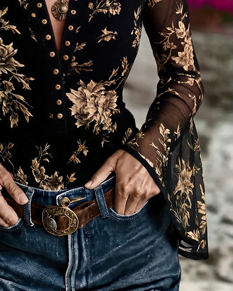 V-Neck Button Front Floral Bell Sleeve Blouse