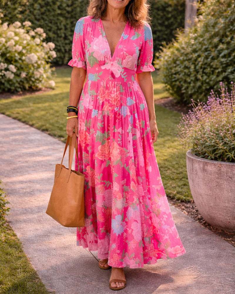 V-Neck Print High Waist Bubble Sleeve Dress