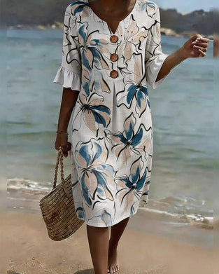 V-Neck Watercolor Floral Sheath Dress