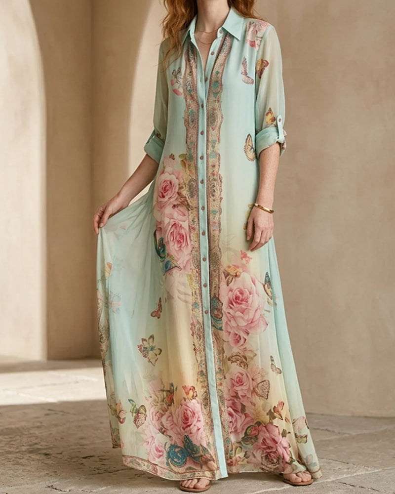 Lapel Butterfly Rose Print Dress