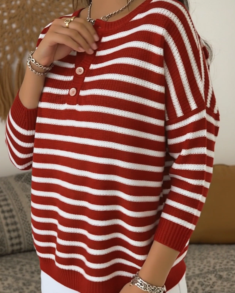 Striped Half-Open Buttoned Pullover