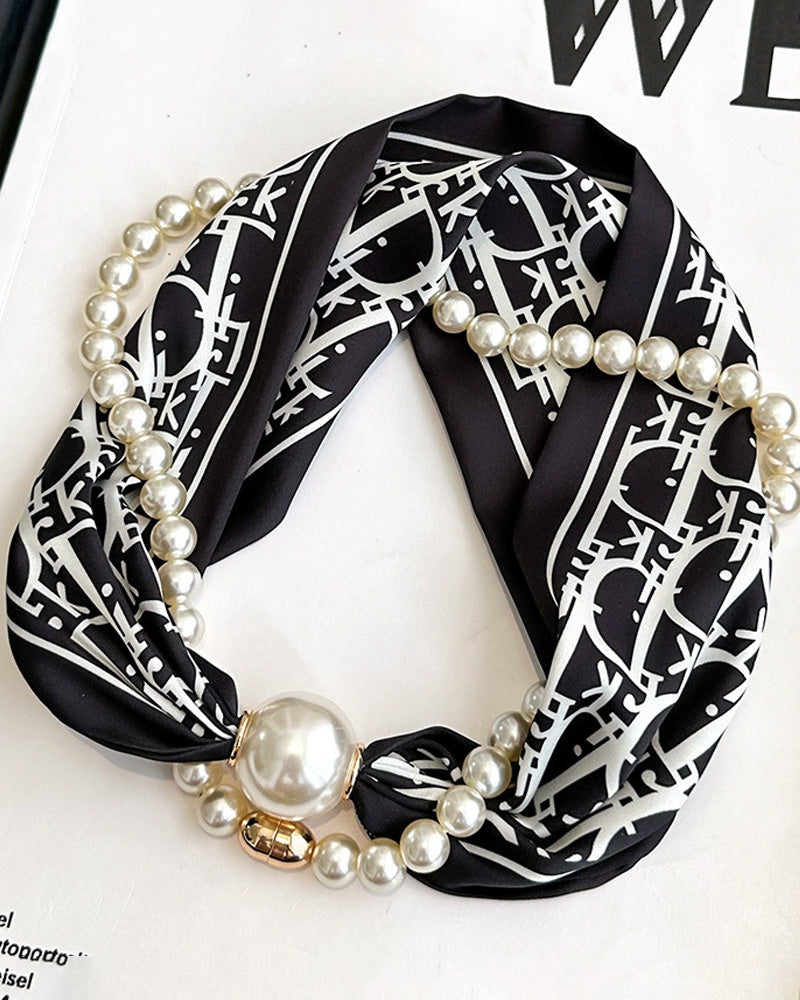 Long Pearl-Embellished Silk Necklace