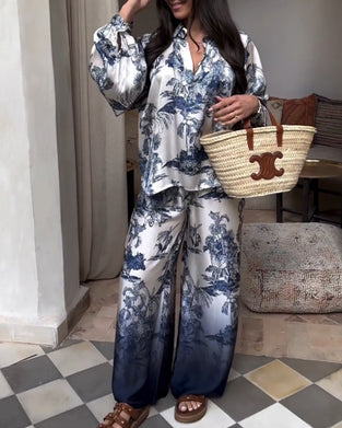 Plant gradient print lantern sleeve two-piece suit