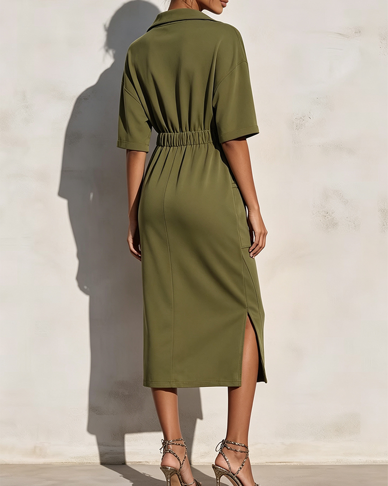 Zip Lapel Waist Pocket Dress