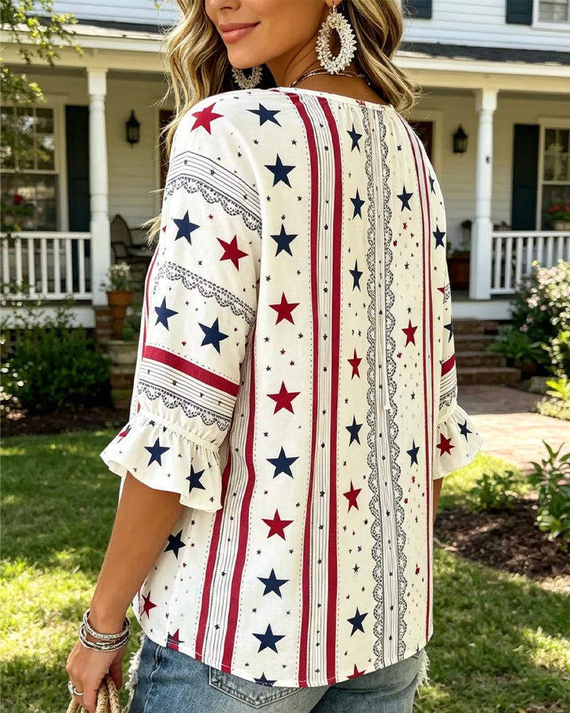 Printed Lace-Up Ruffle Sleeve Blouse