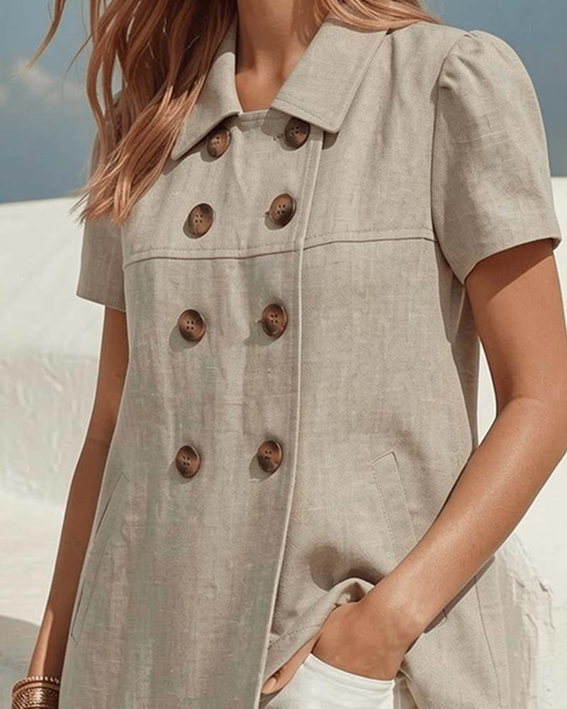 Button-Front Lapel Bubble Short Sleeve Blouse