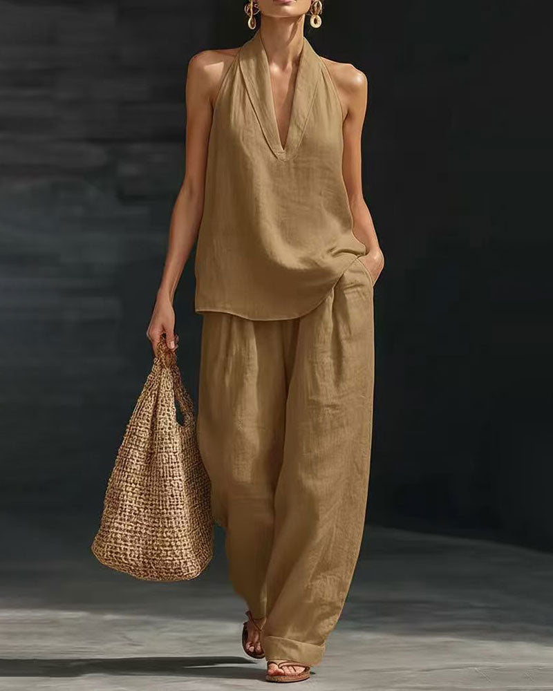 Linen Halter Neck Sleeveless Wide-Leg Pants Set