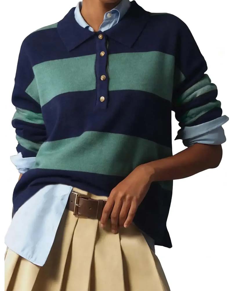 Wide Striped Buttoned Lapel Pullover