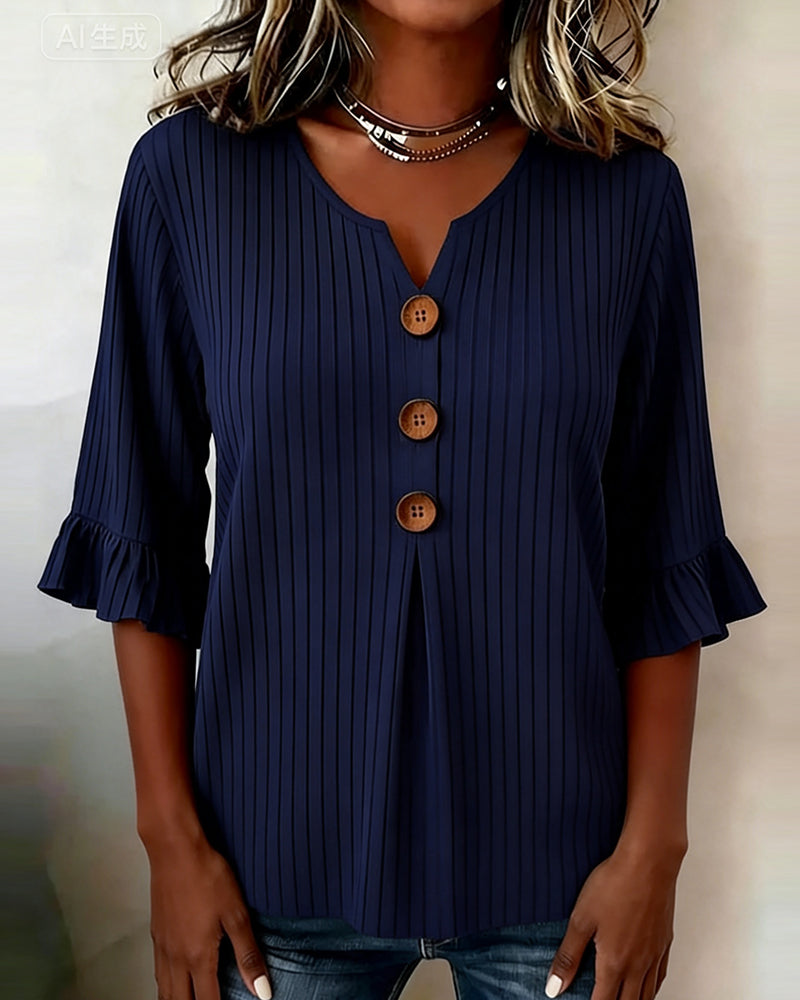 Bell Sleeve Ribbed Wooden Button Blouse