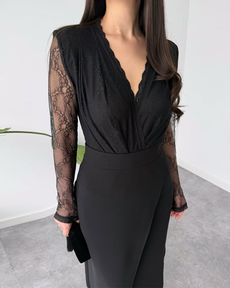 V-Neck Lace & Asymmetric Midi Skirt Set