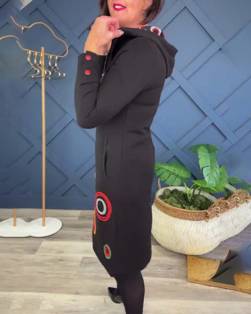 Circle print zip-up hooded casual dress