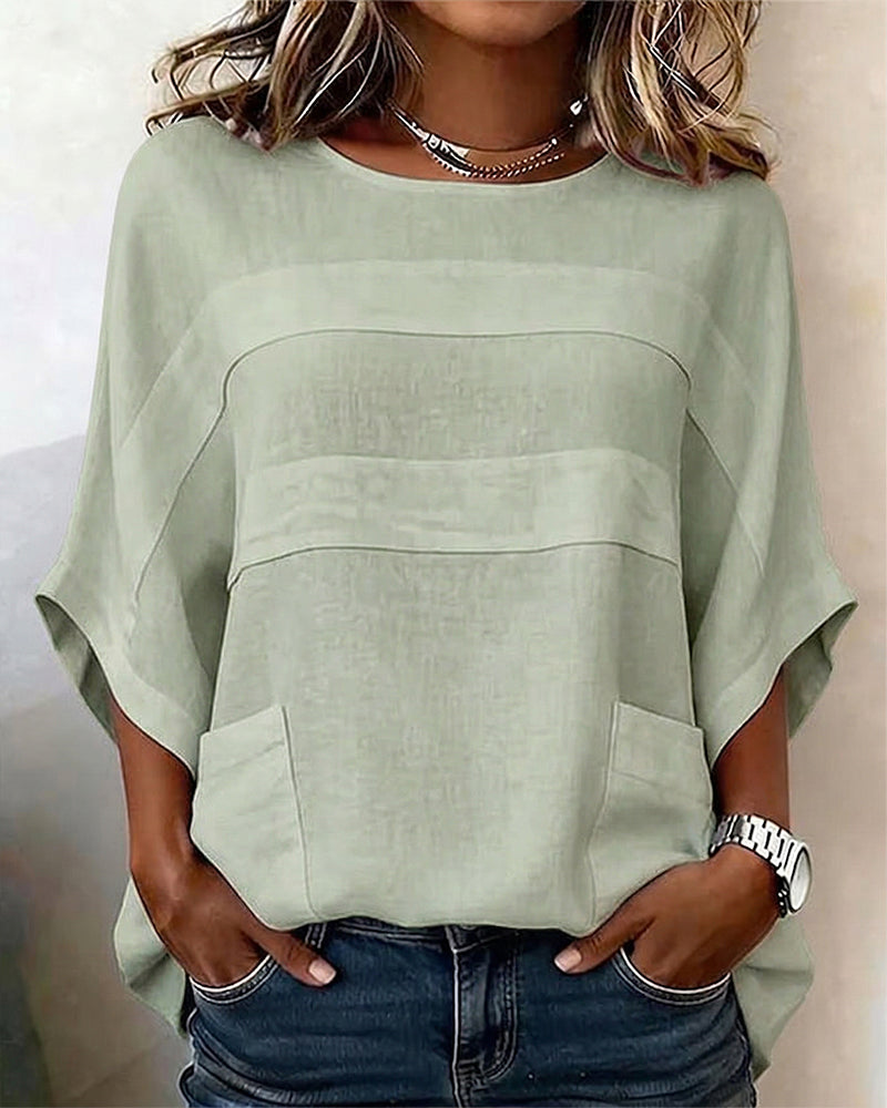 100% Cotton Batwing Sleeve Loose Fit Crewneck Blouse