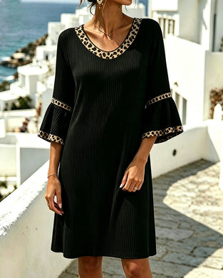 Flare Sleeve Ribbed Leopard Dress