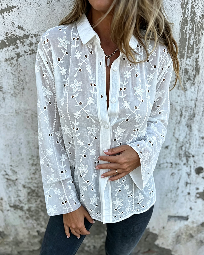 Floral Hollow Out Long-Sleeve Blouse