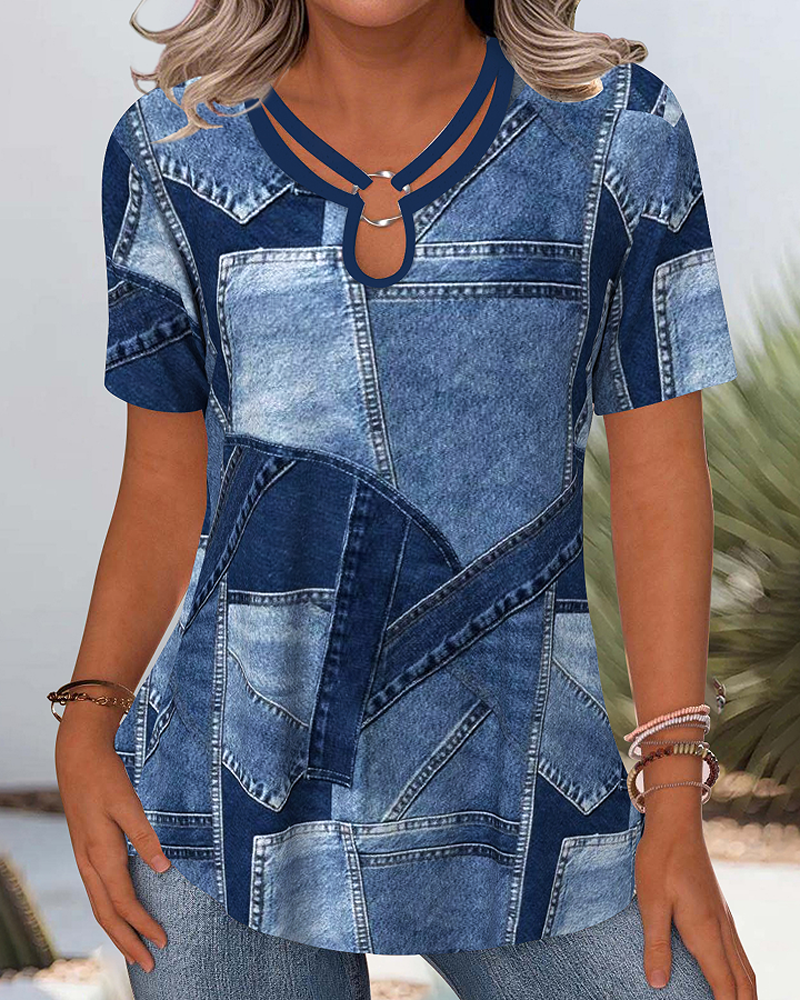 Aumora Vintage Denim Contrast Hollow Blouse