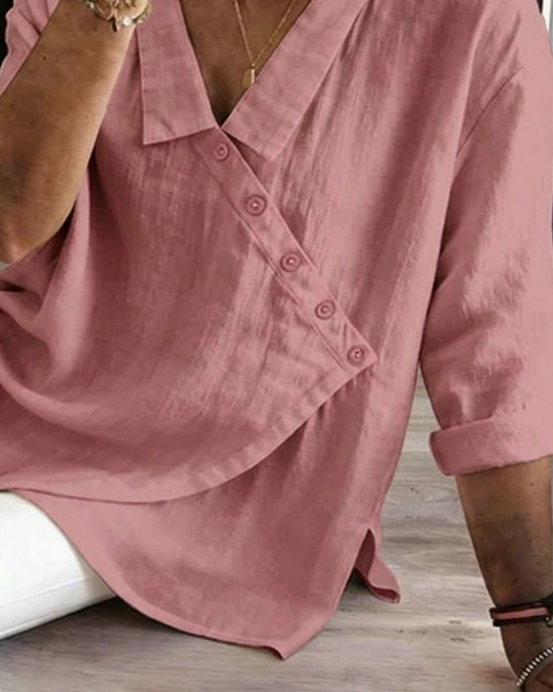 Asymmetrical Diagonal-Placket Collared Blouse