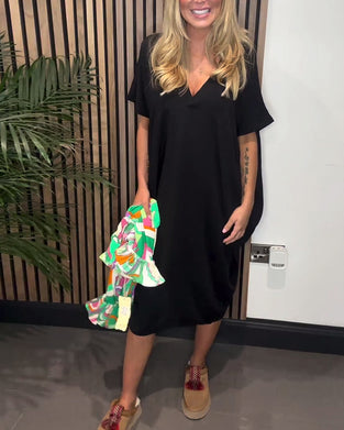 Simple solid color slit V-neck dress