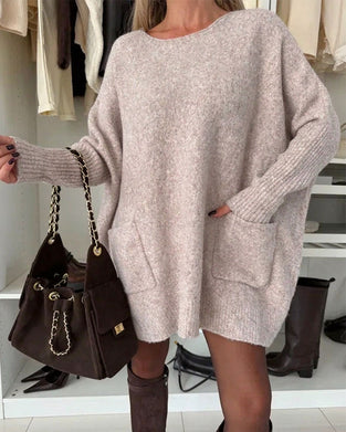 Round Neck Pullover Pocket Loose Pullover