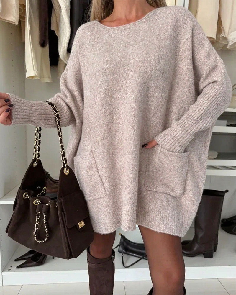 Round Neck Pullover Pocket Loose Pullover
