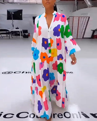 Colorful flower print bell sleeve casual dress