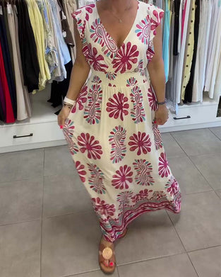 Floral Waist-Cinch Flutter-Sleeve Vacation Maxi Dress