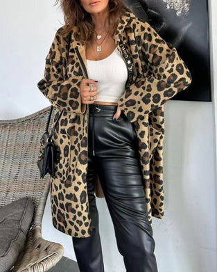 Casual leopard print pocket hooded coat