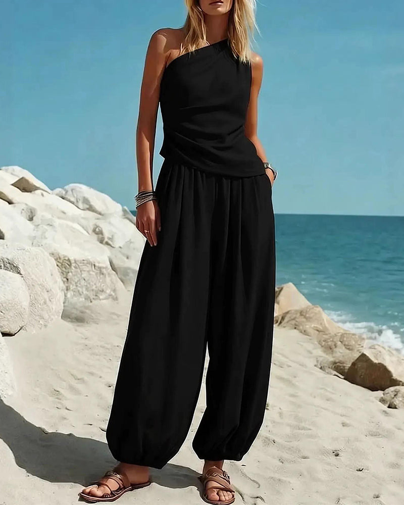 One-Shoulder Tank Top High Waist Pants Set