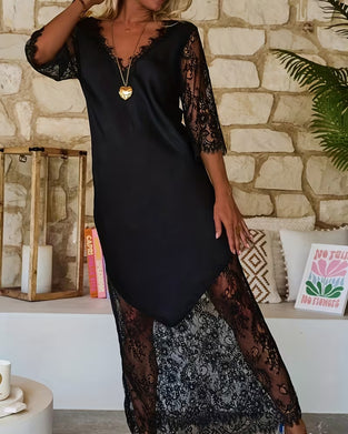 V-Neck Lace Paneled Elegant Dress