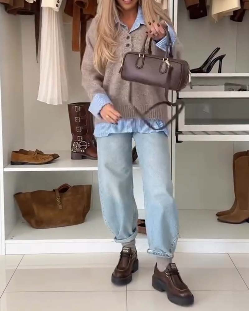 Long-Sleeved Button-Down Collar Pullover