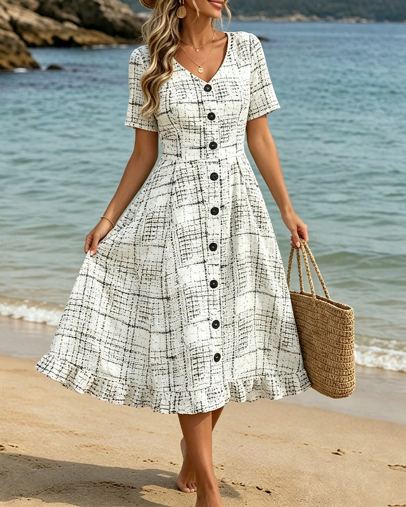 V-Neck Plaid Button Ruffle Dress