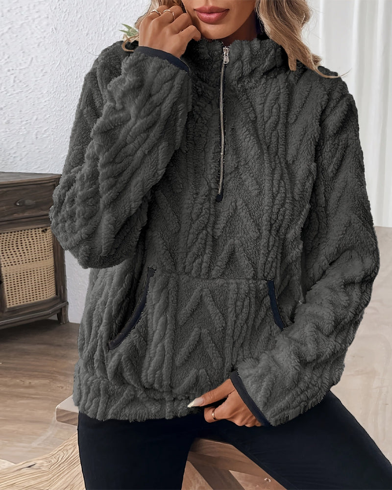 Lapel Zipper Front Fuzzy Sweatshirt