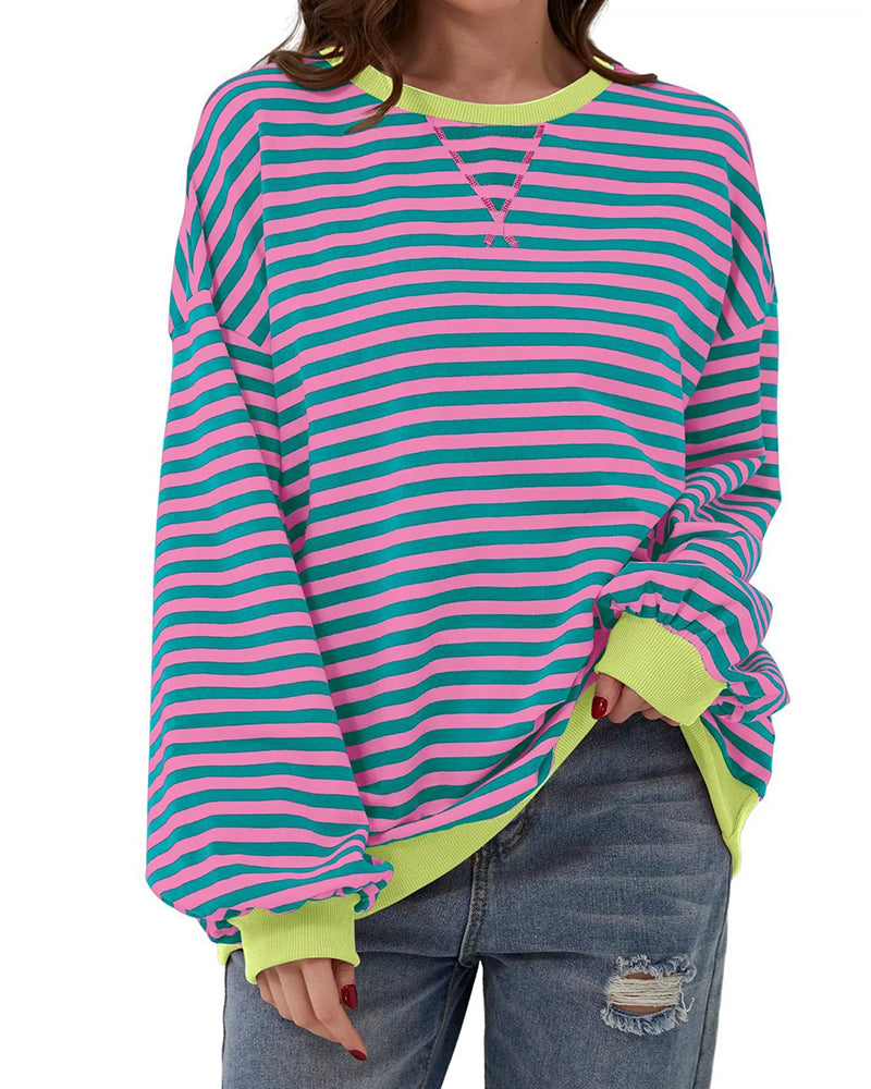 Striped Round Neck Color Block T-Shirt