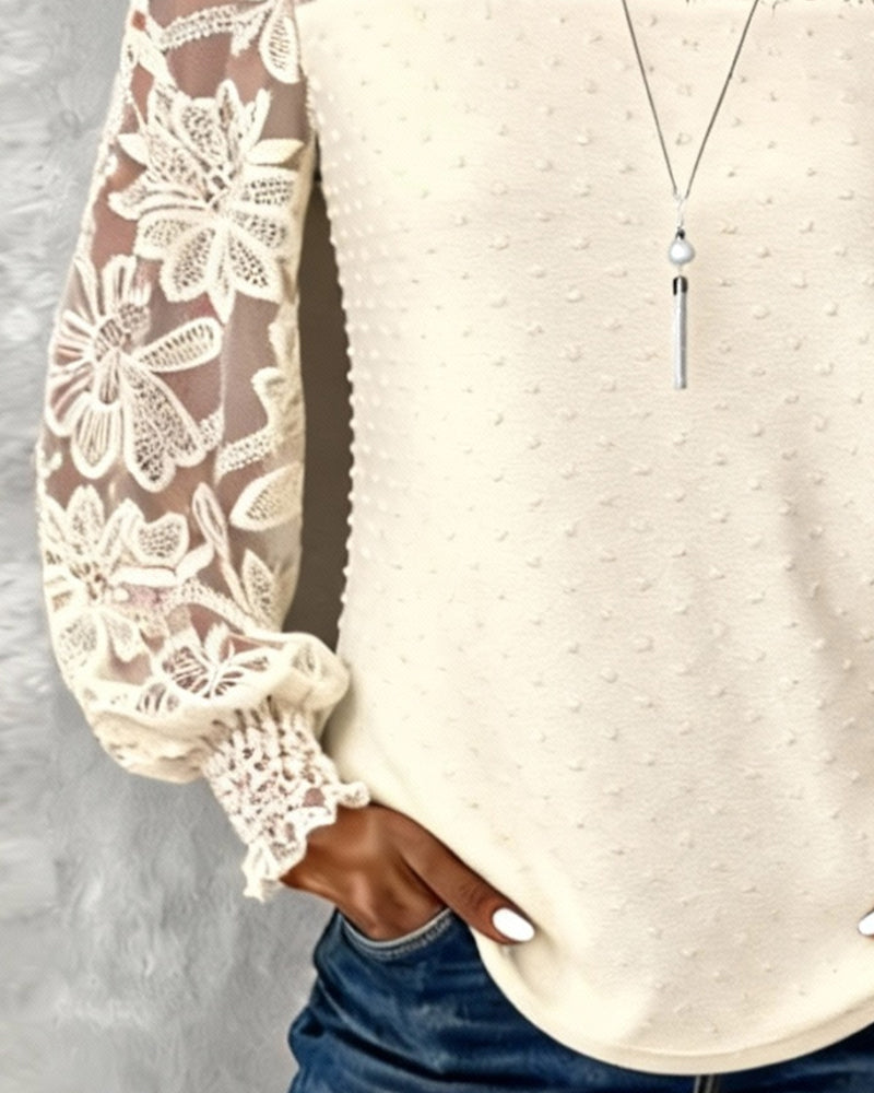 Three-Dimensional Floral Lace Long-Sleeved Top
