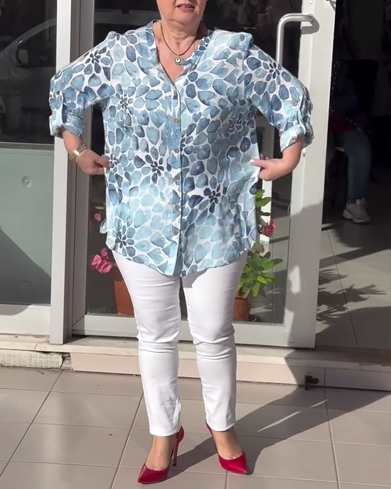Casual printed v-neck button-down shirt