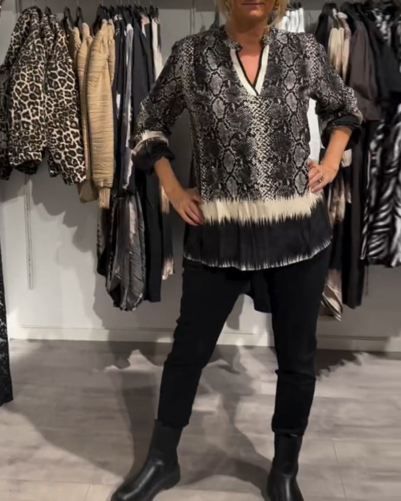 V-neck snake print colorblock blouse