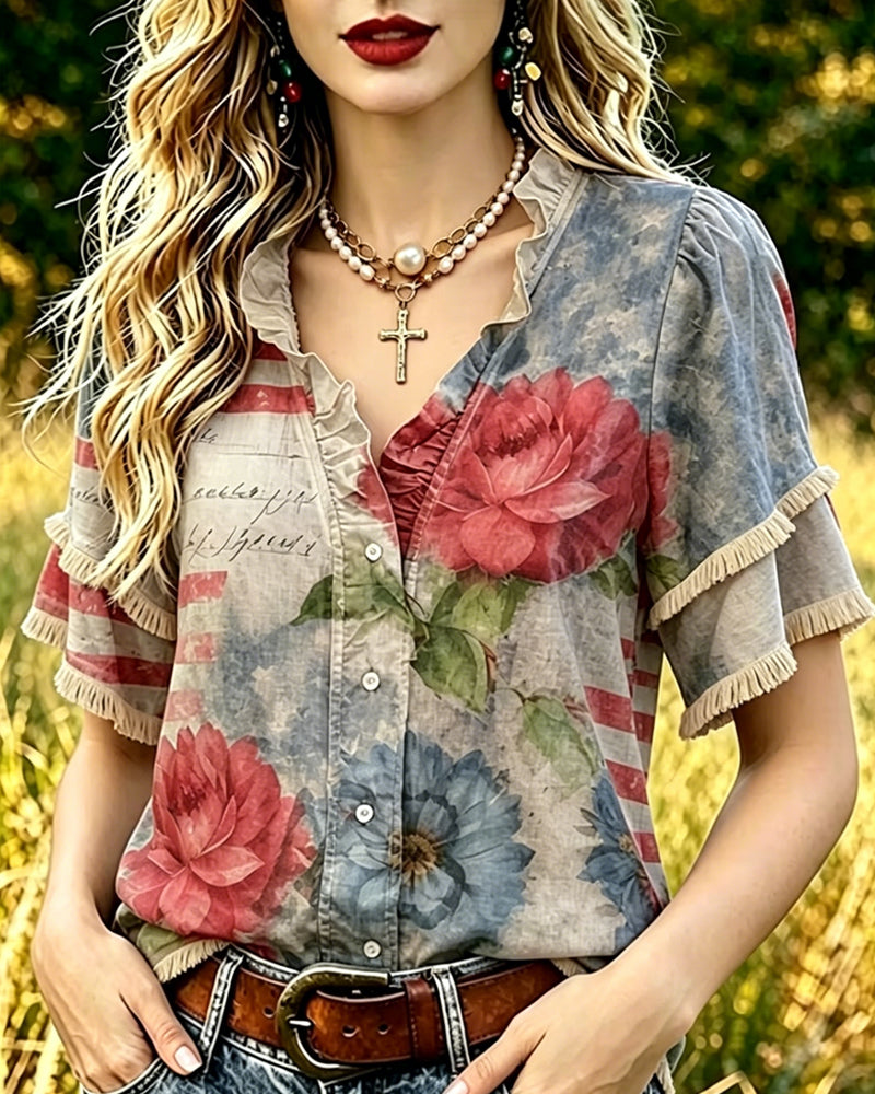 Floral-Print Ruffle-Trim Blouse
