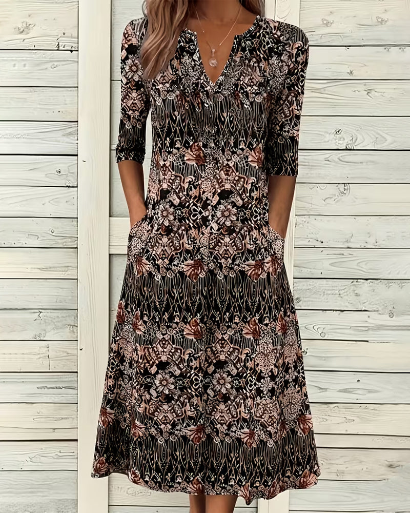 V‑neck Print Patchwork Mid‑sleeve Dress