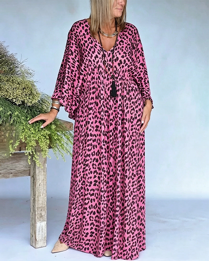 V-Neck Leopard Print Loose Fit Casual Dress