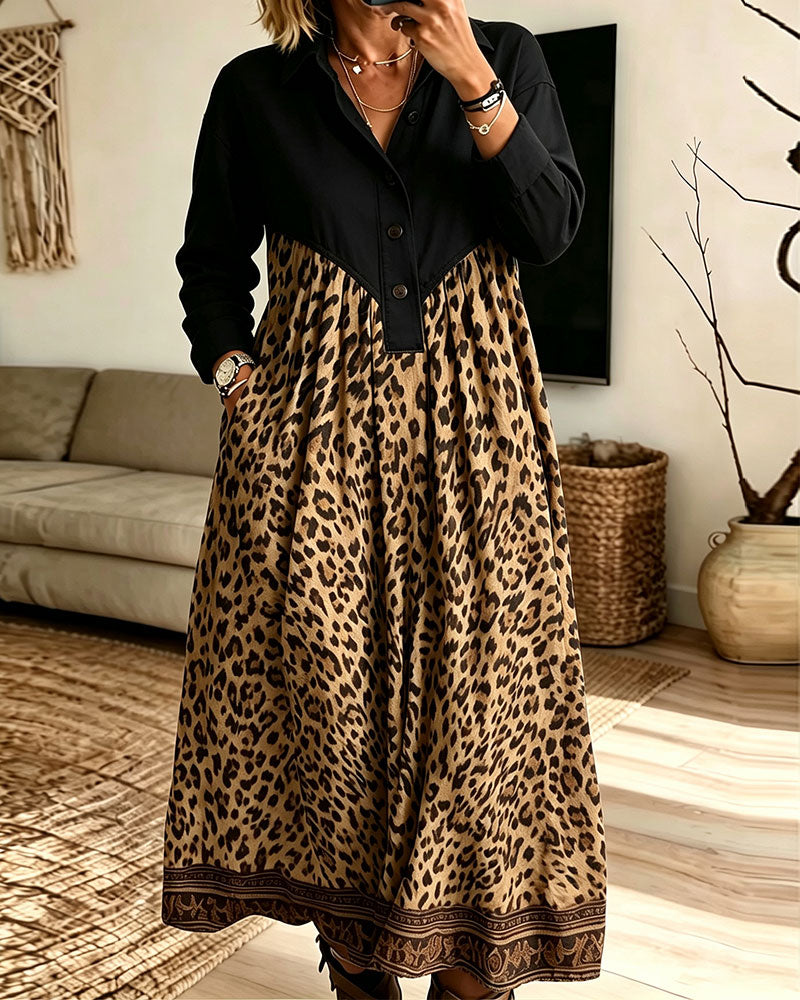 Shirt-Collar Button-Down Leopard Print Pocket Dress