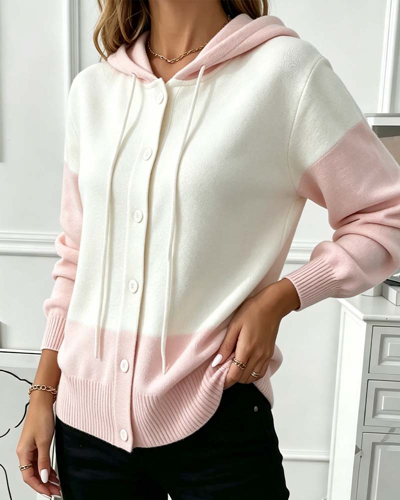 Color Block Hooded Single-Breasted Knit Cardigan
