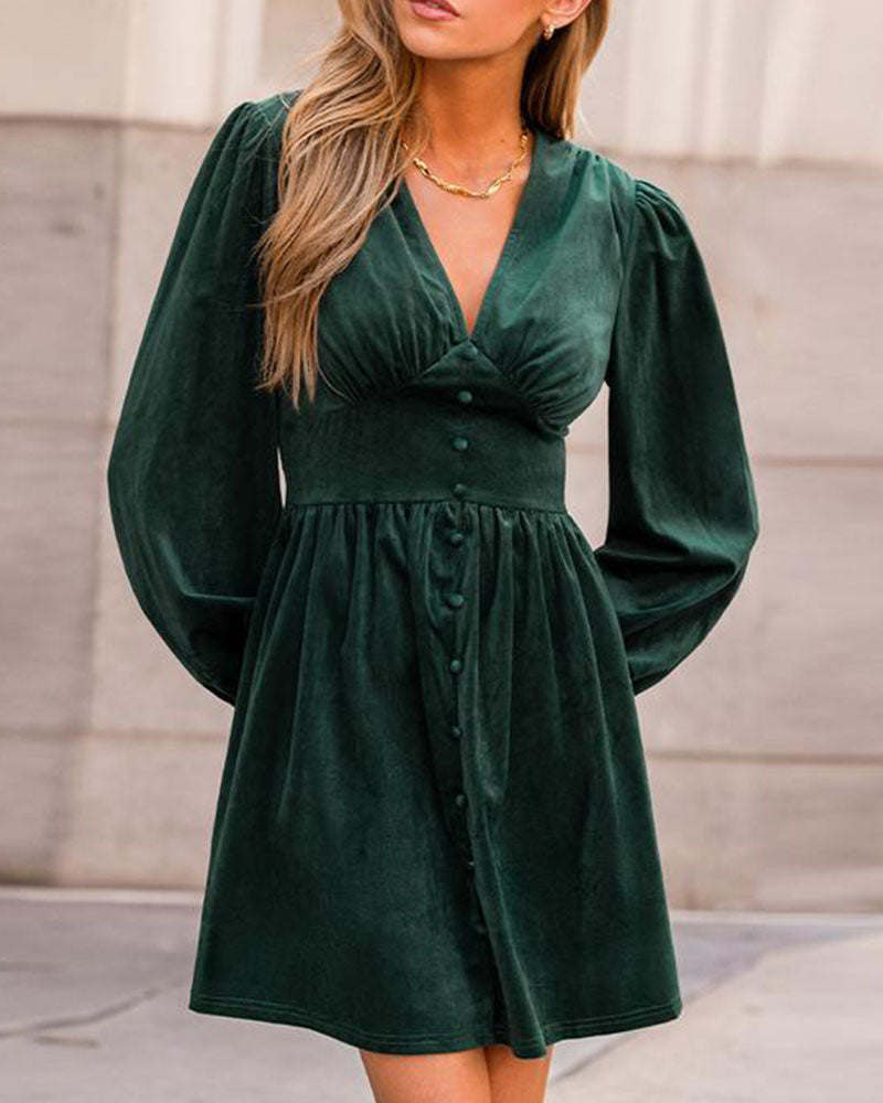 Buttoned V-Neck Puff-Sleeve Short Dress