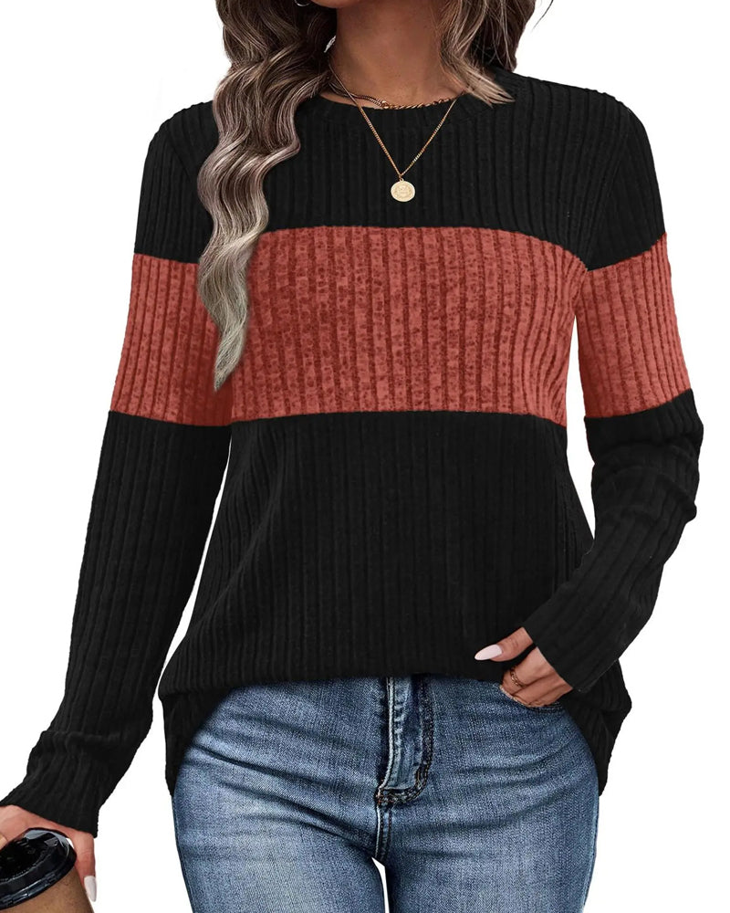 Round Neck Ribbed Contrasting Color Top