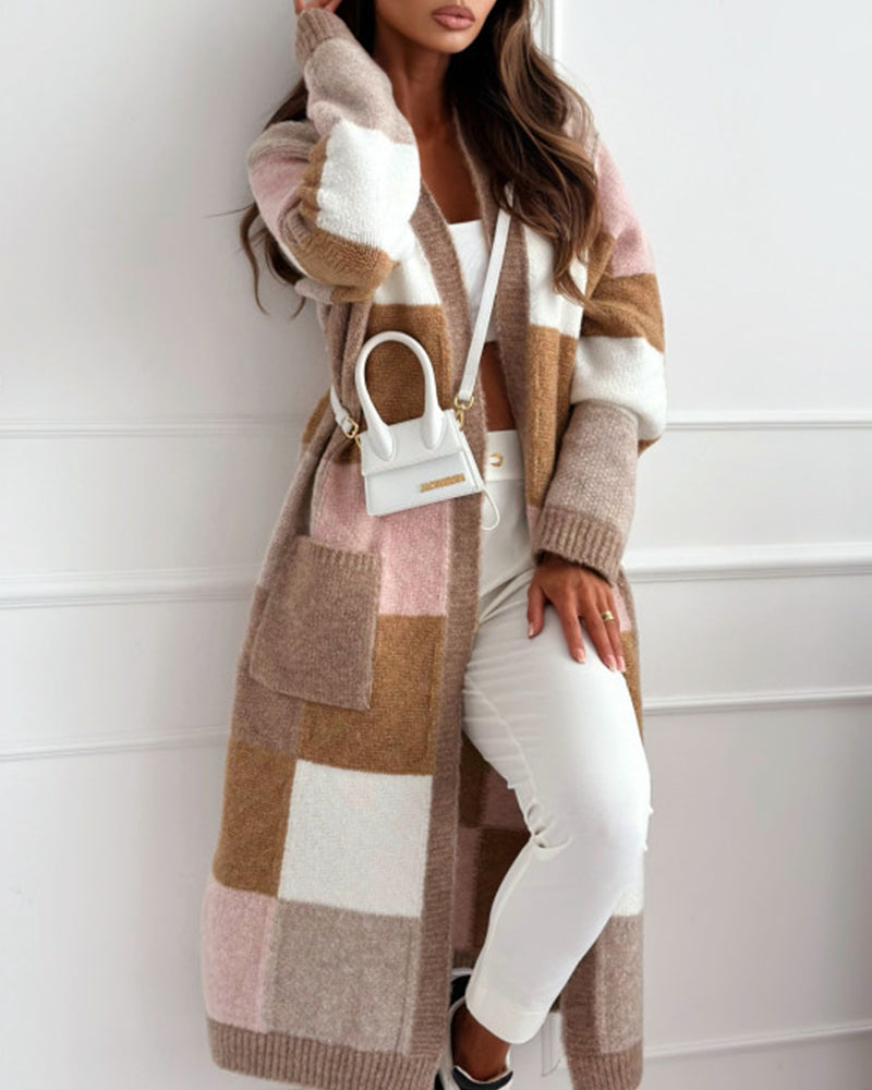 Casual contrast plaid pocket loose cardigan