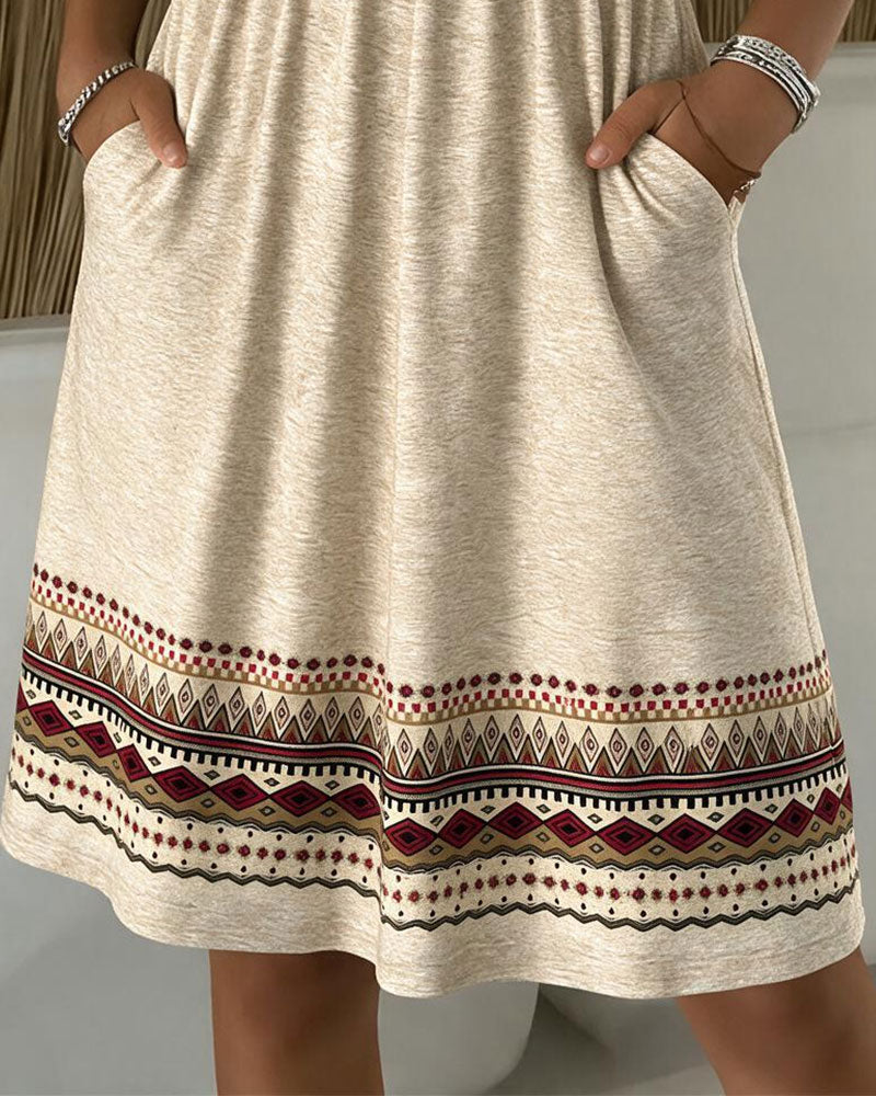 V-Neck Printed Long-Sleeved A-Hem Dress